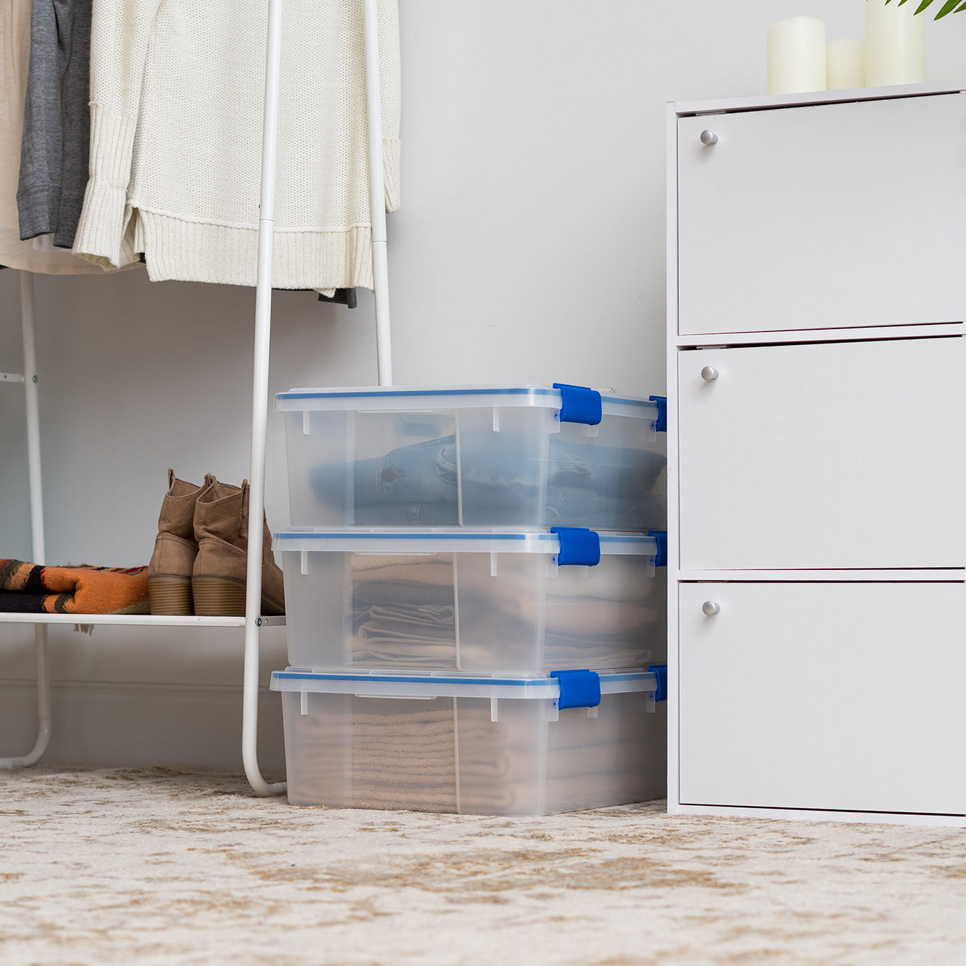 26.5 Quart WEATHERTIGHT Multi-Purpose Storage Box, Clear with Blue Buckles, 3 Pack - IRIS USA, Inc.