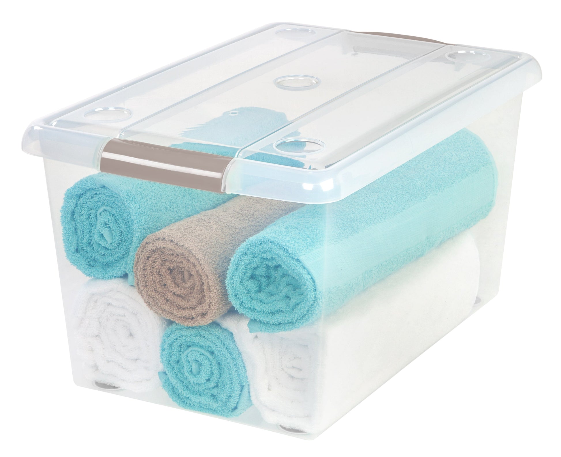 61 Quart Store And Slide Storage Box, 6 Pack, Clear with Tan Handles - IRIS USA, Inc.