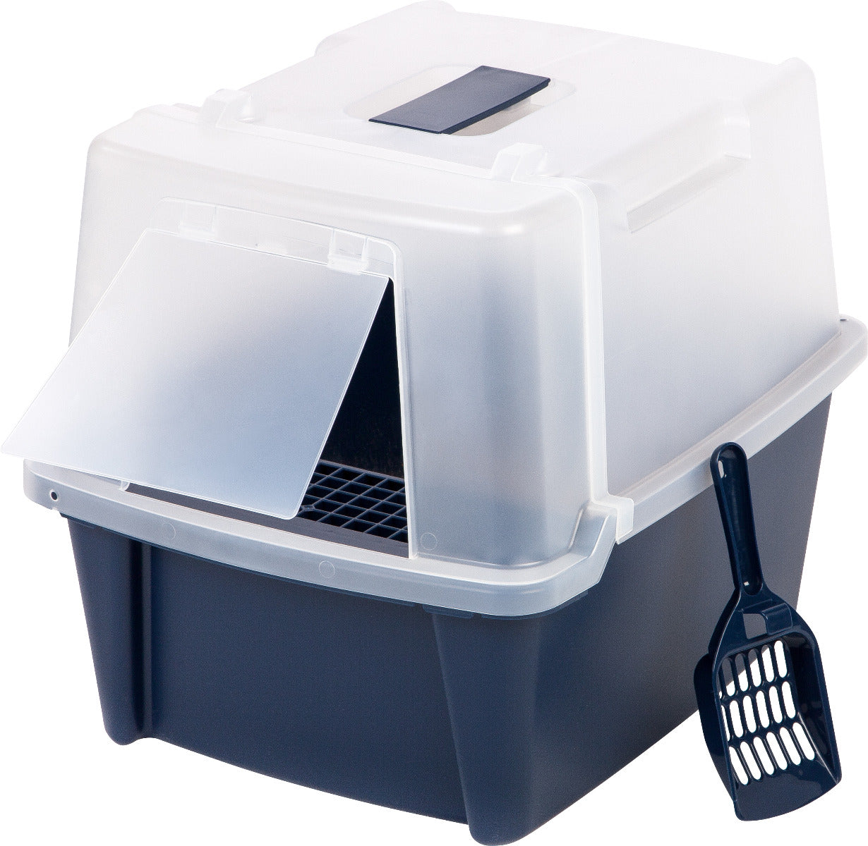 Litter box with lid open showing grate