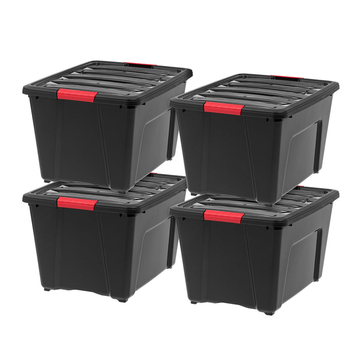 IRIS USA 53 Qt. Plastic Storage Bin Tote Organizing Container with Durable Lid and Secure Latching Buckles, Stackable and Nestable, 4 Pack, Black with Red Buckle - IRIS USA, Inc.