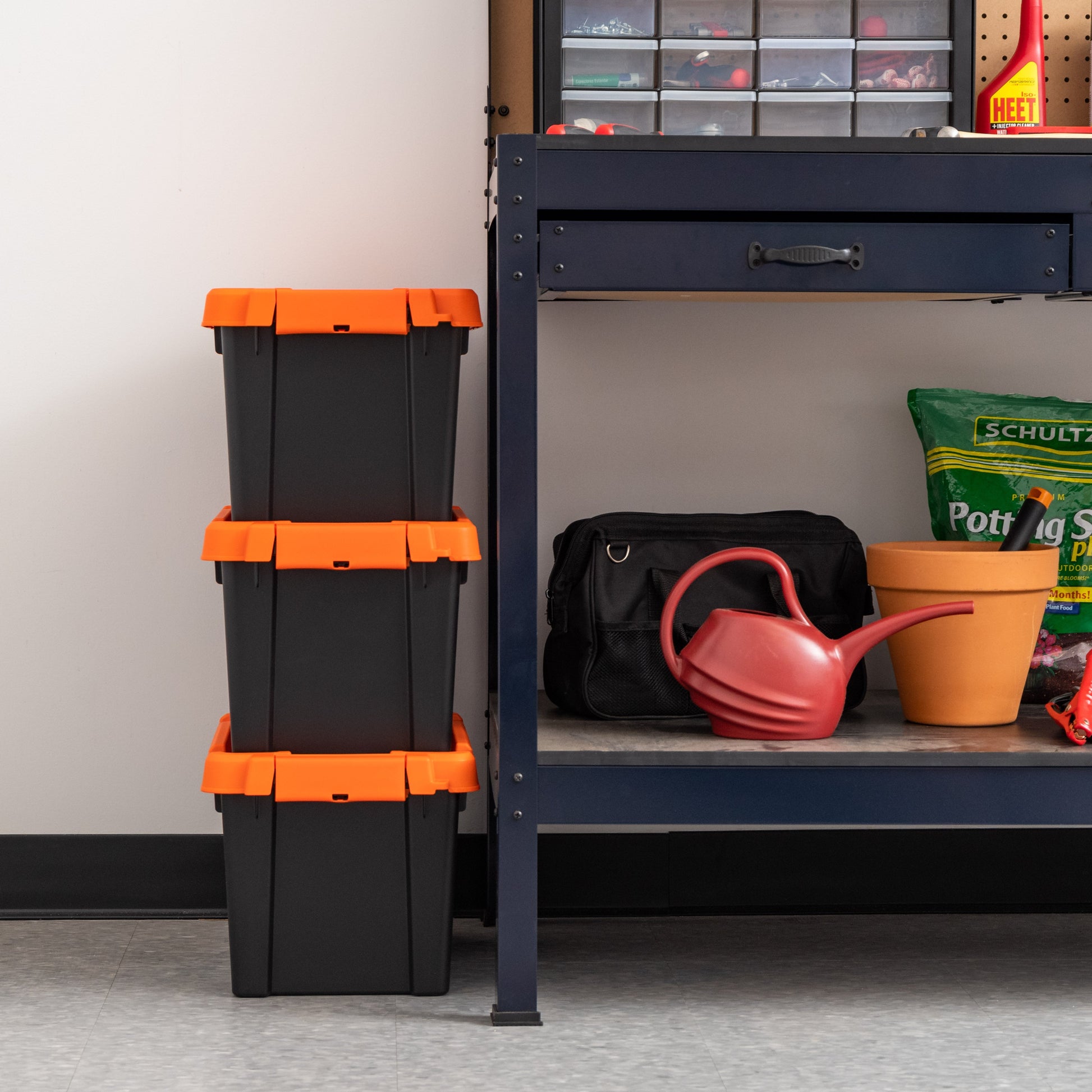 5 Gallon Store-It-All Tote, 3 Pack, Black bottom with Orange lid and buckles - IRIS USA, Inc.