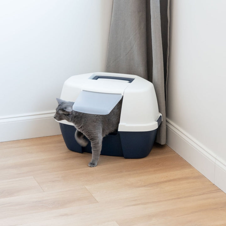 Large Hooded Corner Litter Box with Scoop, Navy - IRIS USA, Inc.